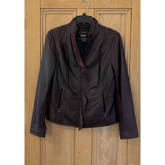 DKNY Womens Ruffle-Front Lambskin Bordeaux Leather Jacket Small Brown FA EXC - Picture 3 of 12